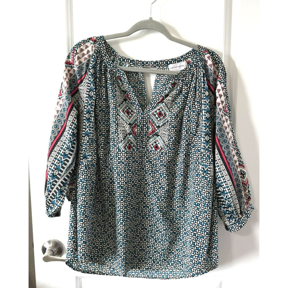 Soft Surroundings Blouse Top Size S Geometric Colorful Black Blue silk